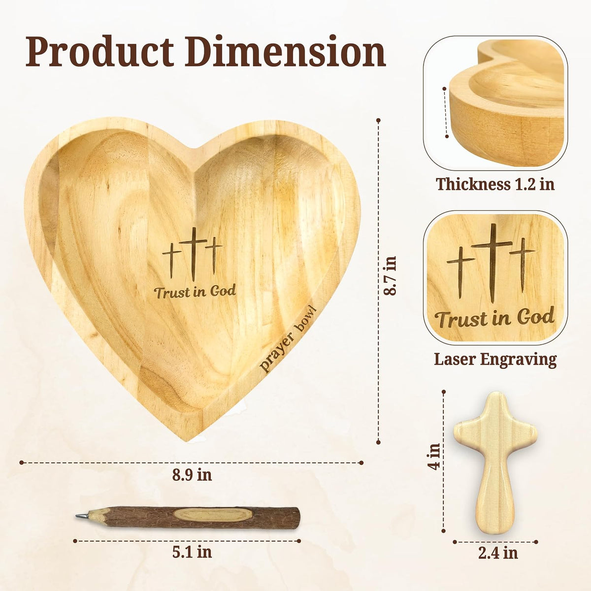 Prayer Bowls for Women Trust In God - Wooden Heart Prayer Bowl with 30 Cards & Wooden Fidget Cross - Birthday Gifts for Christian Women, Godmothers, Mom, Natural Heart Decorative Bowl with Storage Bag