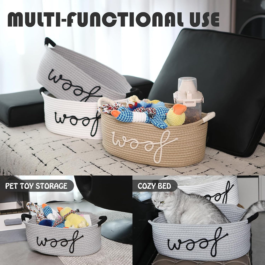 Sea Team Dog Toy Storage Basket with Handles, Gray Woof