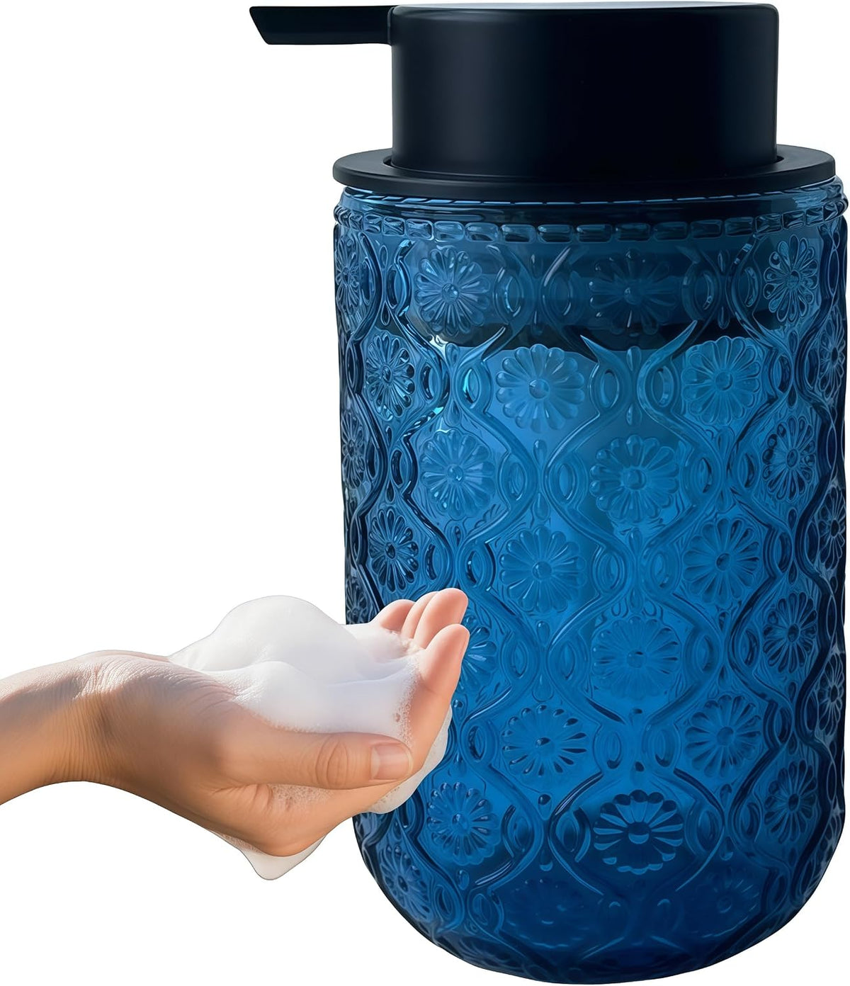 Foaming Hand Soap Dispenser,Vintage Glass Soap and Lotion Dispenser for Bathroom,Kitchen Dish Soap Dispenser with Black Foam Pump (Blue Begonia Flower+Black Lid)