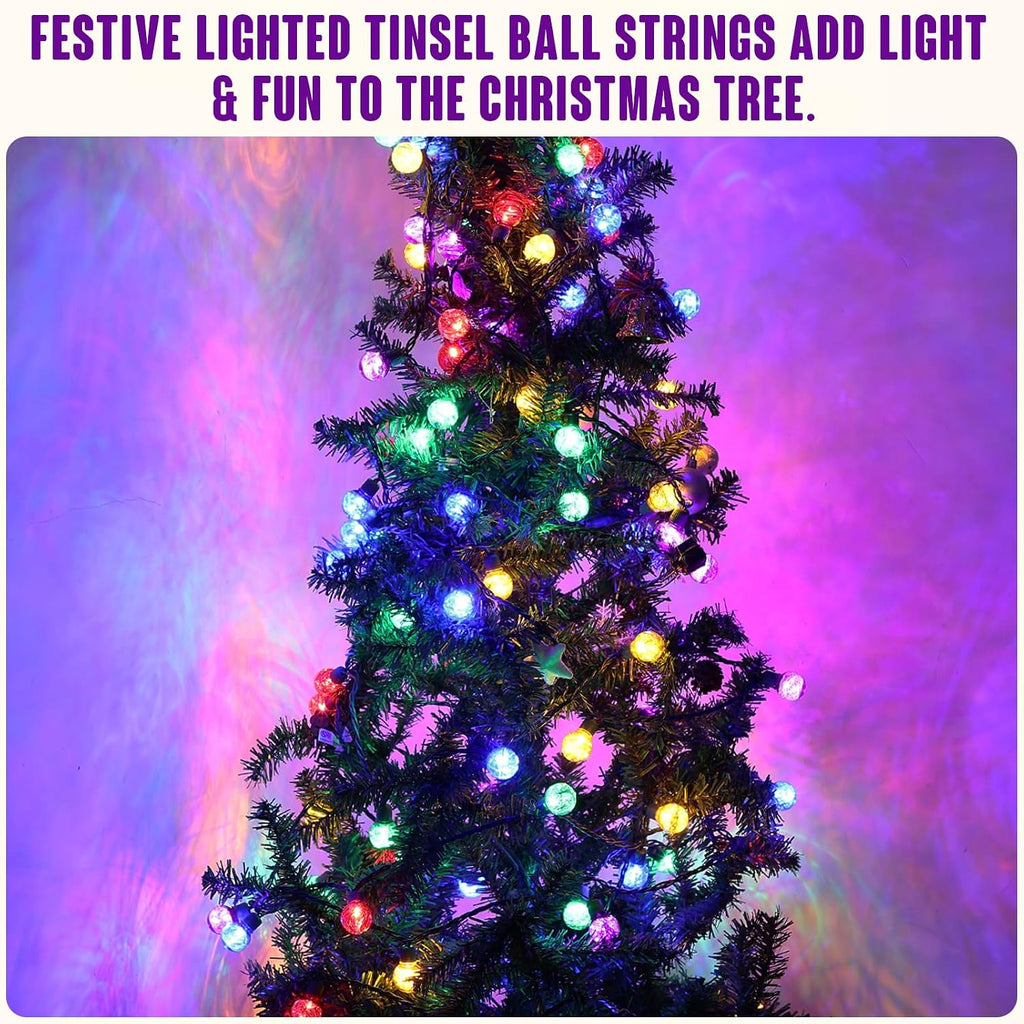 TIGOMOOV LED Globe Christmas Lights,G30 Round Christmas Tree Lights with Tinsel 25 Bulbs, 17FT Multi-Color Globe Tinsel LED Christmas Lights for Patio Deck Backyard Garden Party Outdoor Decorations
