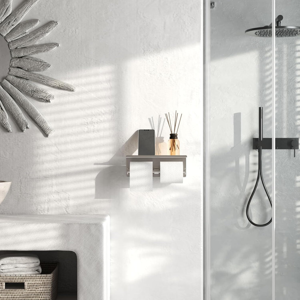 Self Adhesive Aluminum Waterproof Toilet Paper Holder with Shelf Brushed Nickel