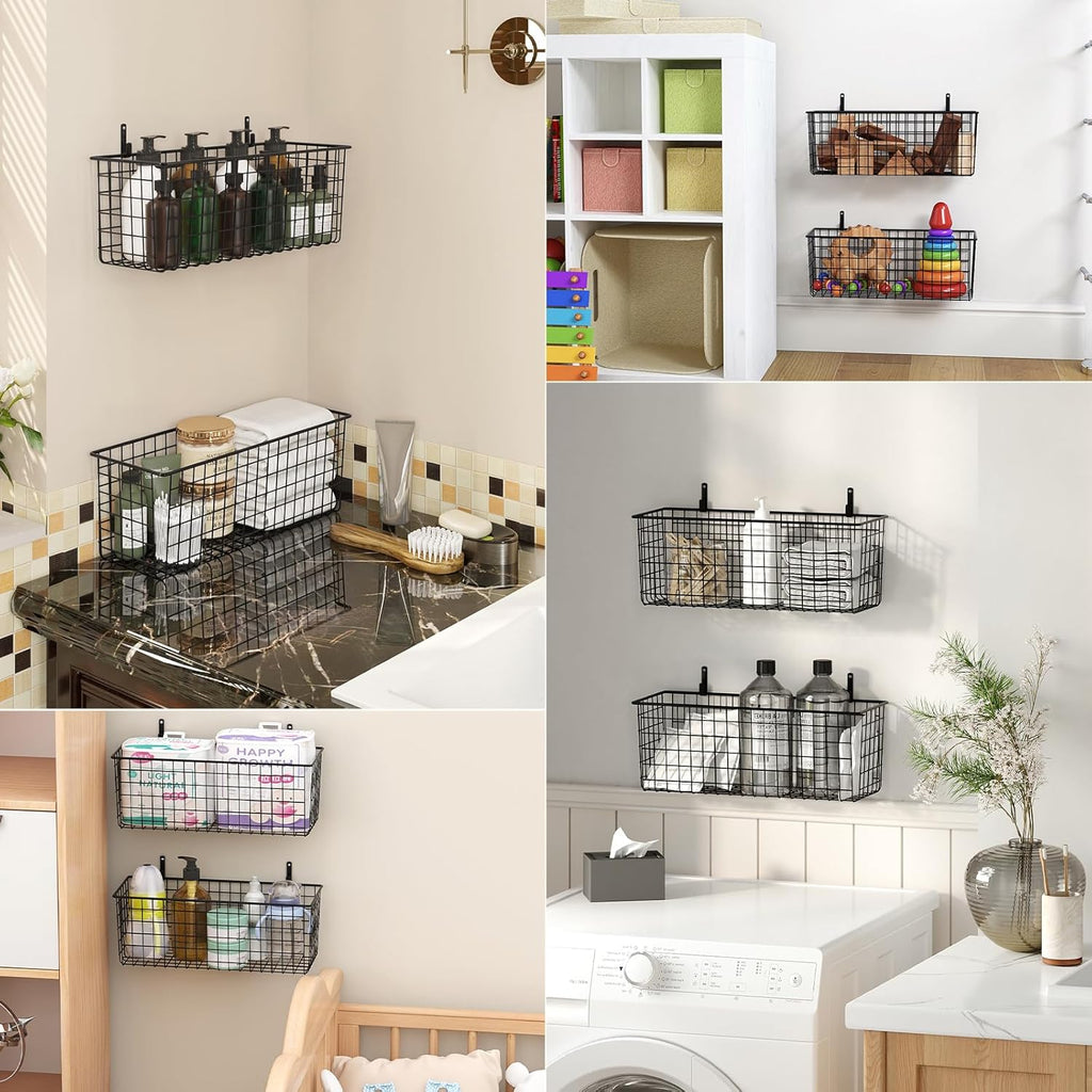 Kinlink 2 Sets Black Extra Large Hanging Wall Basket with Steel Hooks