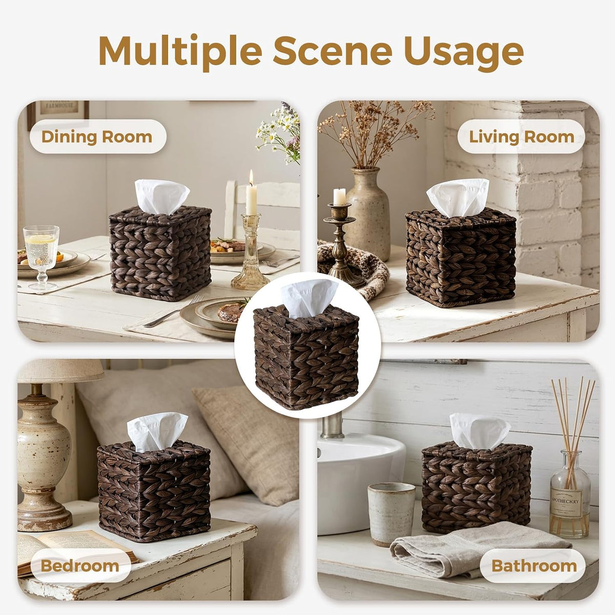 2PC Wicker Tissue Box Cover, Rattan Tissue Box Holder Square, Boho Decorative Woven Water Hyacinth Cube Tissue Holders for Bathroom Living Room Kitchen（Coffee）