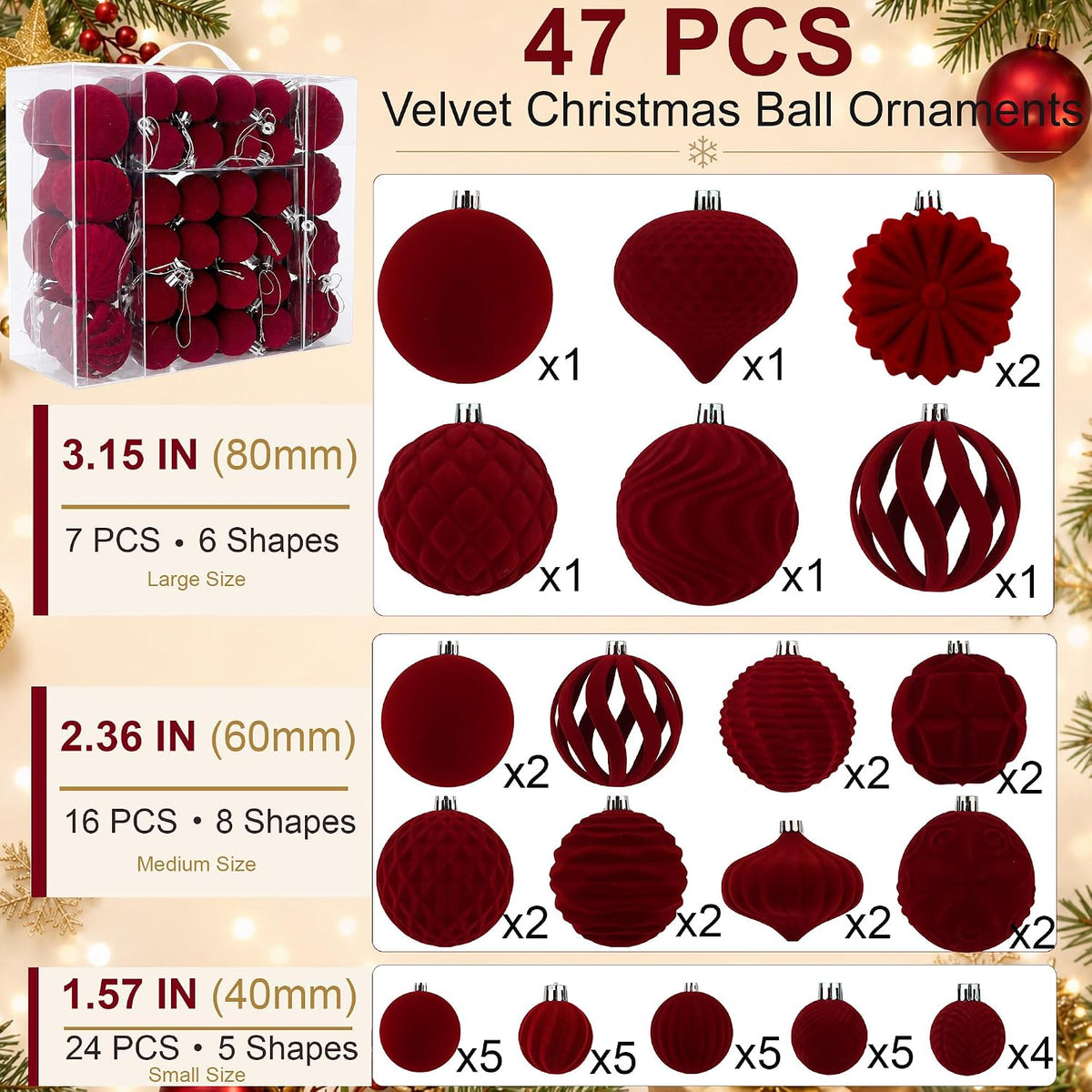 47 Pcs Velvet Christmas Ball Ornaments, Burgundy, 3 Sizes, Mixed Shapes