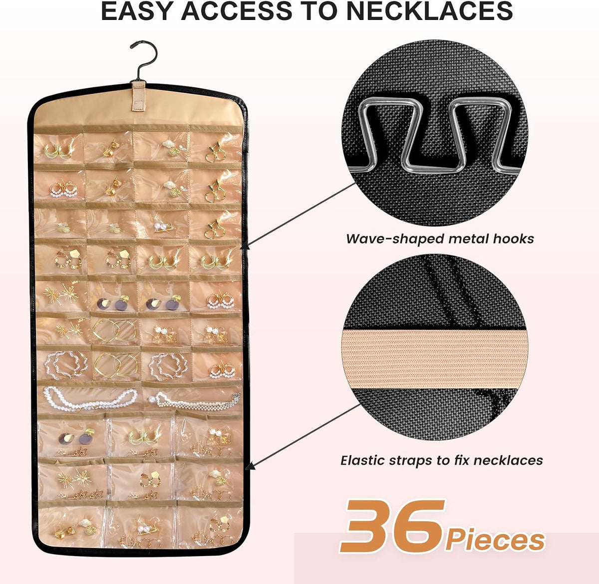 Hanging Jewelry Organizer Doubled-sided with Pockets & Hooks for Rings, Earrings, Necklaces, Hair Accessories Storage Roll, Closet Earring Holder Organizer for Wall, Door, Travel, 1 PCS, Black