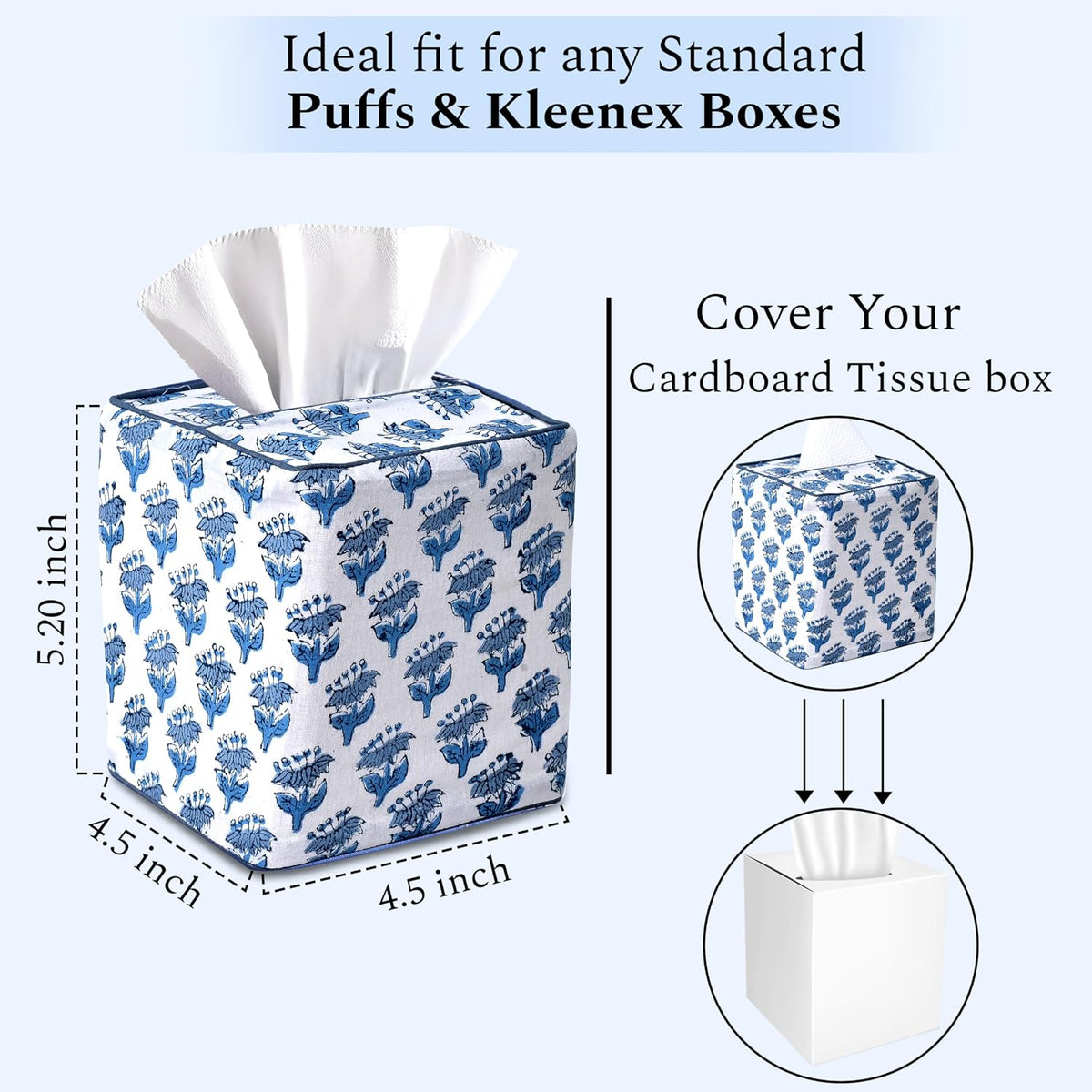 CPC 100% Cotton Piping Block Print Tissue Box Cover, Apatite Blue