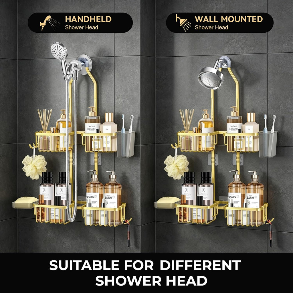 Adjustable Hanging Shower Caddy for Handheld Showerhead, Rustproof Aluminum Over Shower Head Organizer, Renter-Friendly No-Swing Storage for Tall Bottles & Soap, 2-Tier, Gold
