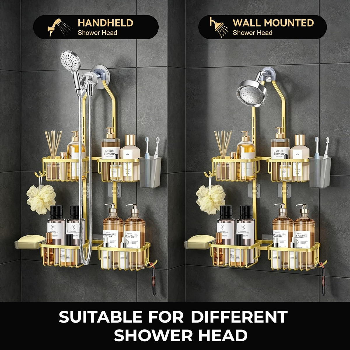 Adjustable Hanging Shower Caddy for Handheld Showerhead, Rustproof Aluminum Over Shower Head Organizer, Renter-Friendly No-Swing Storage for Tall Bottles & Soap, 2-Tier, Gold