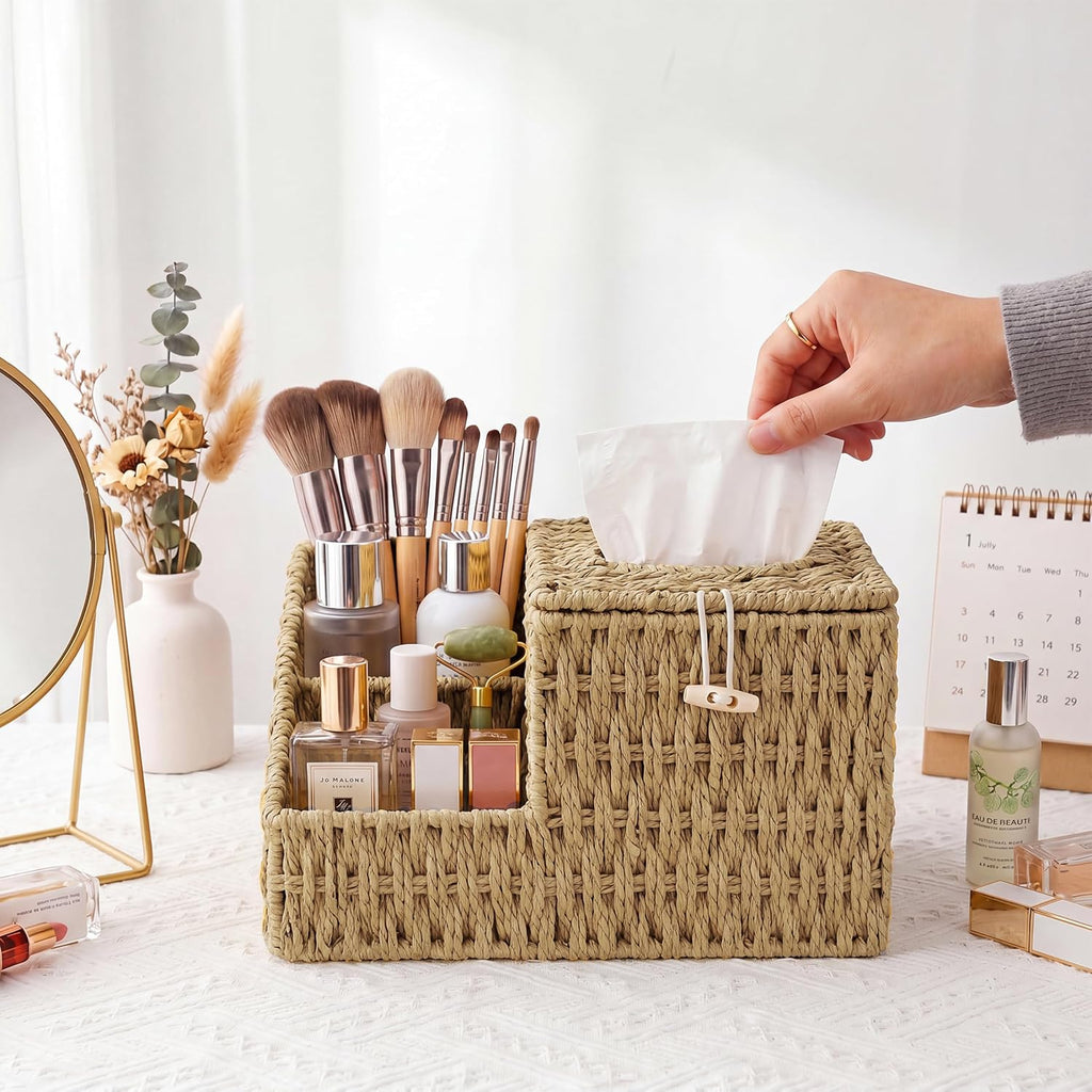 Tissue Box Cover with Storage, Wicker Paper Rope Square Tissue Box Holder