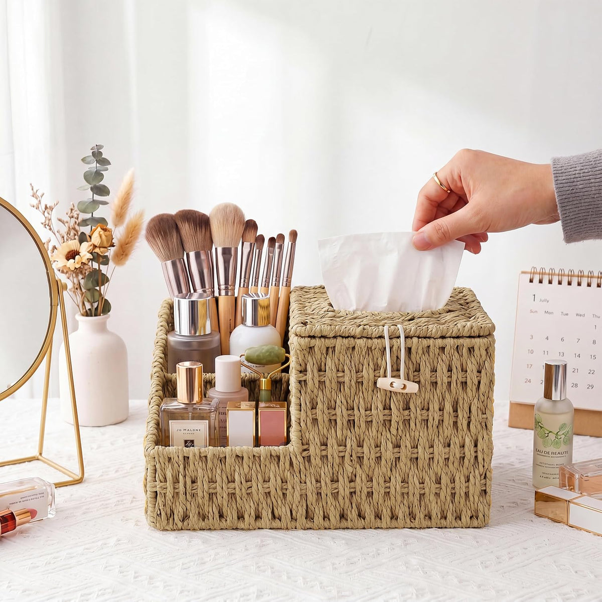 Tissue Box Cover with Storage, Wicker Paper Rope Square Tissue Box Holder