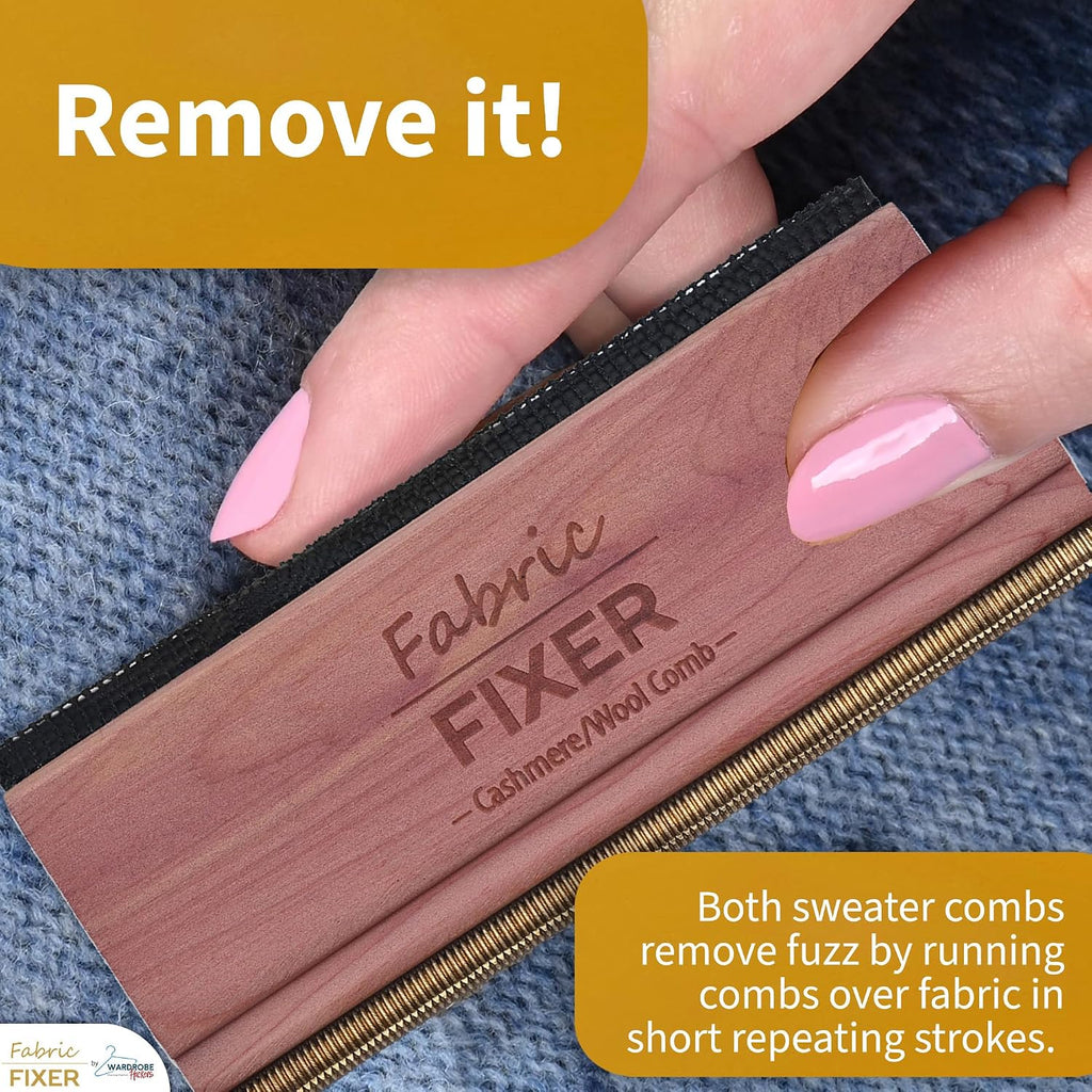 Cashmere and Multi-Fabric Sweater Comb Combo (Cedar Wood Handle Double Edge Design) Manual Fabric Defuzzer Wool Lint Shaver Comb Scraper for Clothing Pills, Furniture, Sheets and Fabrics