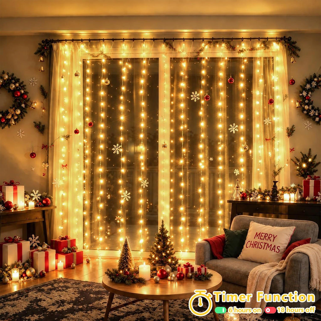 YEGUO 300 LED Warm White Christmas Lights, Curtain Lights Plug in, 8 Modes Hanging String Lights for Bedroom Wall Window Backdrop Indoor Outdoor Party Xmas Decorations-9.8x9.8ft