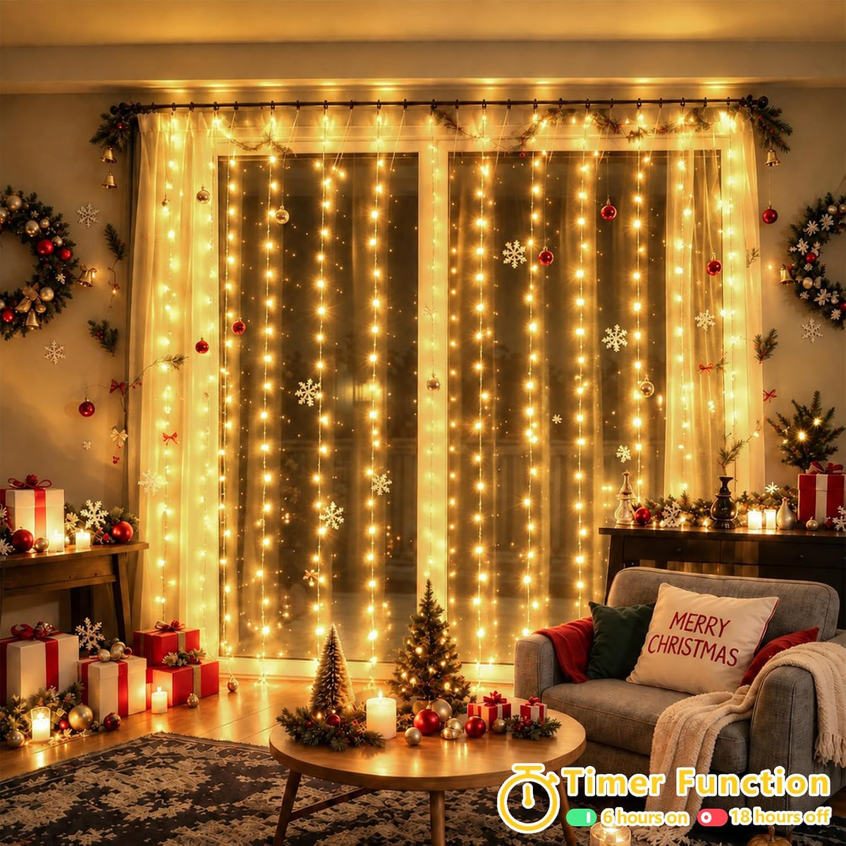 YEGUO 300 LED Warm White Christmas Lights, Curtain Lights Plug in, 8 Modes Hanging String Lights for Bedroom Wall Window Backdrop Indoor Outdoor Party Xmas Decorations-9.8x9.8ft