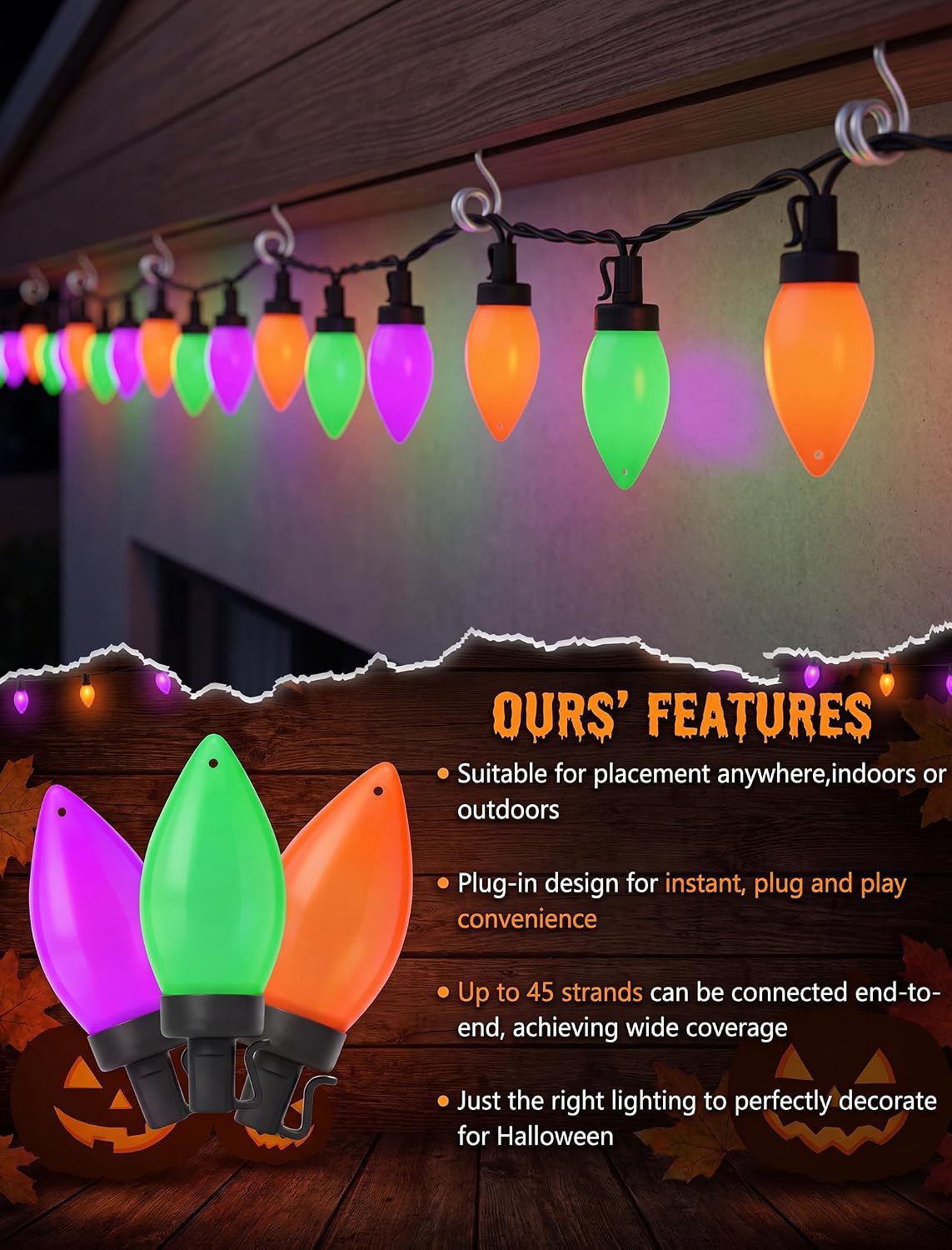SUNSGNE 26FT 50 LED C9 Halloween String Lights, Orange Green Purple Bulbs