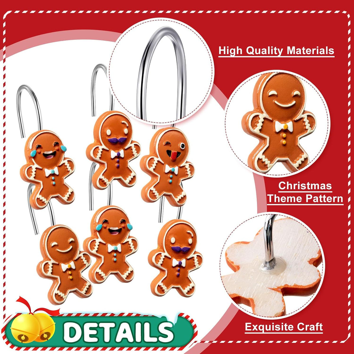 Yungyan 12 Pcs Christmas Shower Curtain Hooks Gingerbread Curtain Hangers