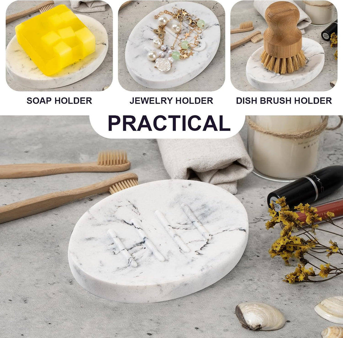 Mini Soap Dish Bathroom Resin Marble Look Bar Soap Holder for Shower Soap Tray for Kitchen Sink(Marble White)