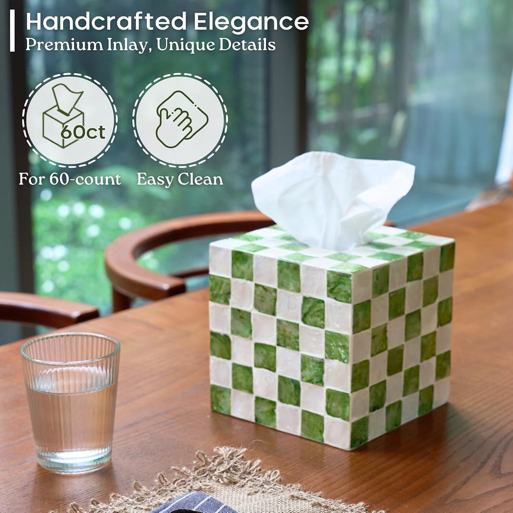 CHI AN HOME 5.5" Capiz Checkered Square Tissue Box Cover, Pistachio Green