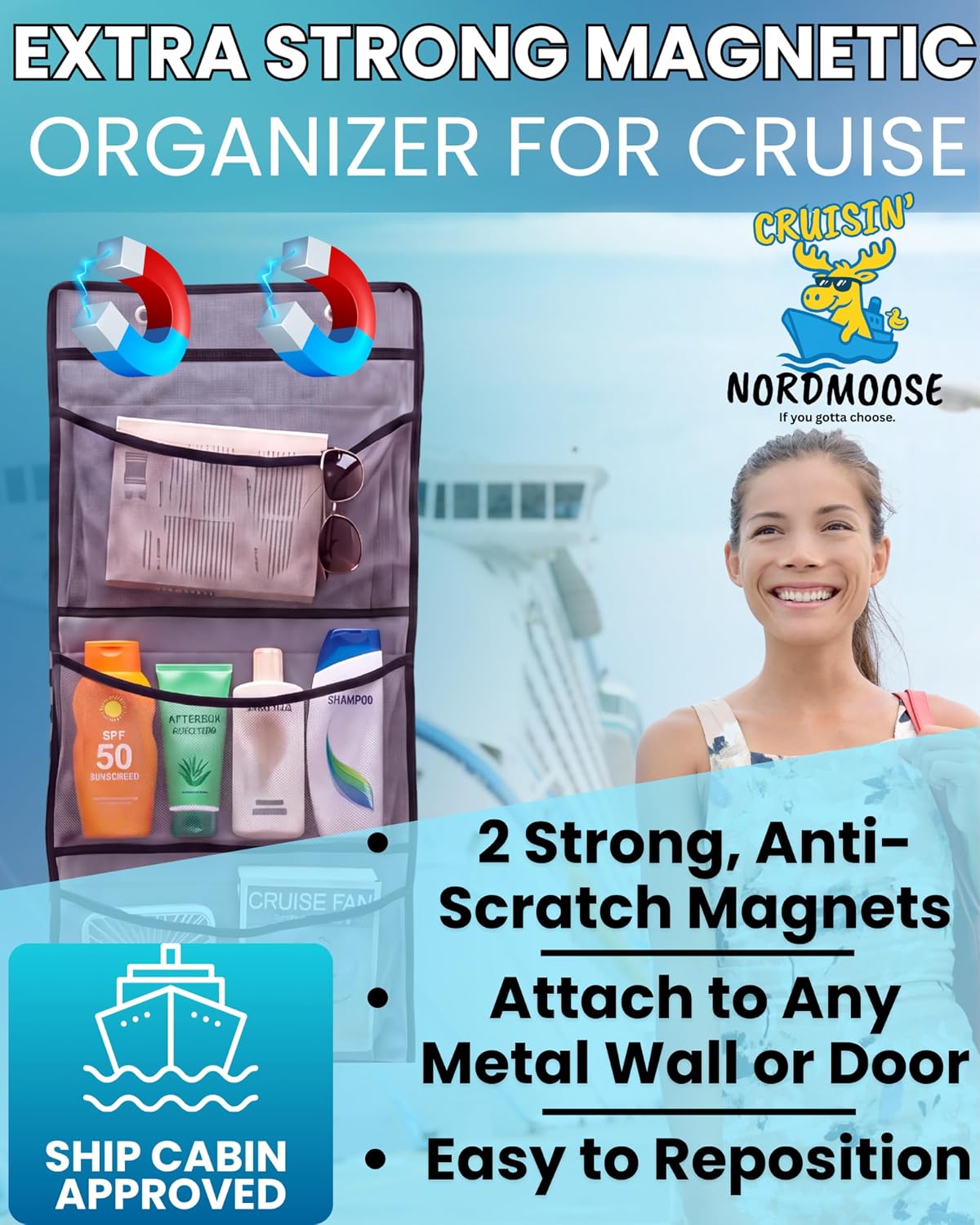 Magnetic Cruise Organizer 5 Pockets, 51" x 13" With Pocket Size 8" x 12,5" - Over The Door Organizer For Cruise Ships, Magnetic + Hook Mount, Large Durable Pockets for Cruise Essentials 2027