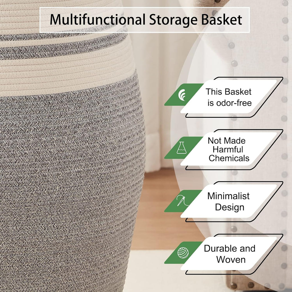 OIAHOMY 105L Laundry Hamper Cotton Rope Large Clothes Hamper White & Grey