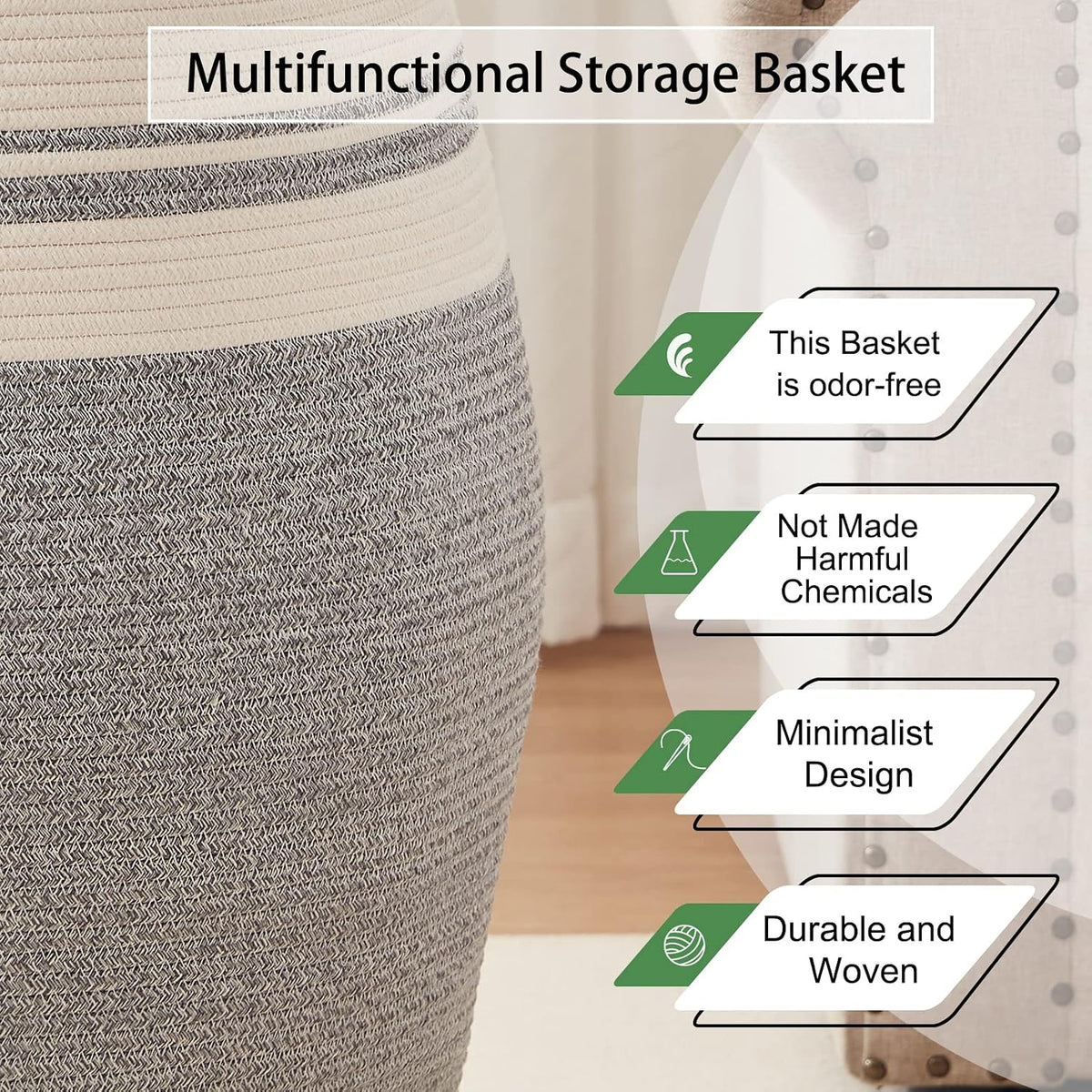 OIAHOMY 105L Laundry Hamper Cotton Rope Large Clothes Hamper White & Grey