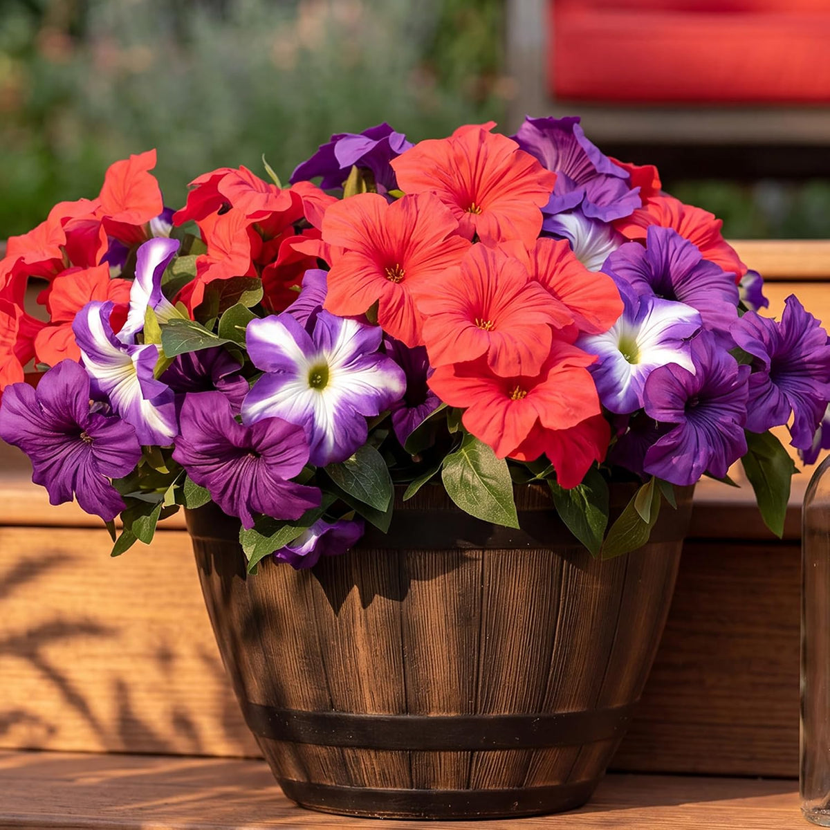 Artificial Fake Flowers Plants for Outdoor Decoration, 4PCS Faux Petunias Silk Flower UV Resistant No Fade for Home Outside Garden Balcony Yard Porch Realistic Indoor Decor (Purple/Red)