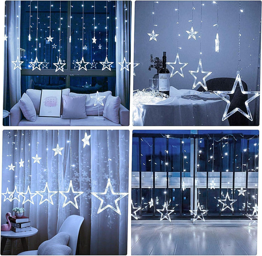 Star Curtain Lights for Bedroom - Plug-in 9ft 138 LED Fairy Twinkle Lights with 12 Star Drops, Connectable Window Lights with Remote 8 Lighting Modes for Indoor Xmas Ramadan Decoration, White