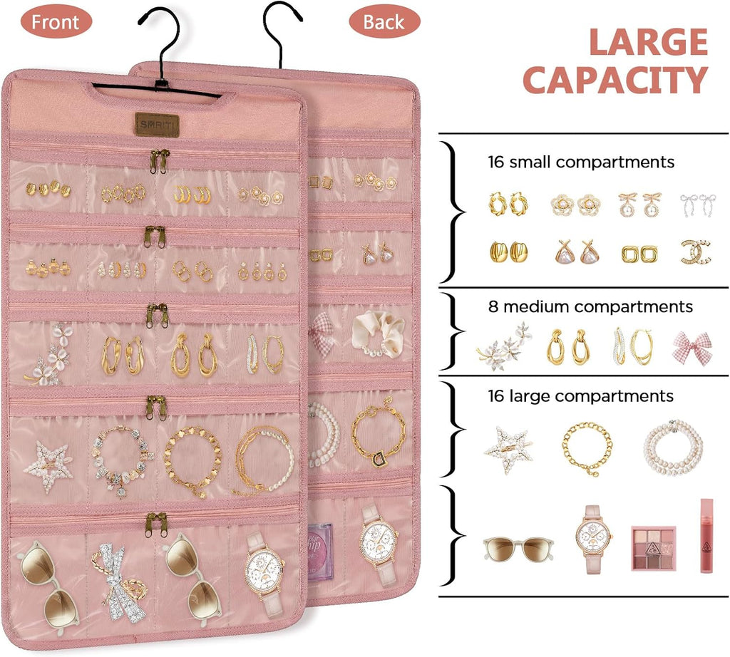 SMRITI Hanging Jewelry Organizer with Zippered Pockets, Double-Sided Accessories Organizer Holder for Earring Necklace Bracelet Ring on Closet Wall Door,Dustproof Foldable for Travel (Pink 1 Pack)