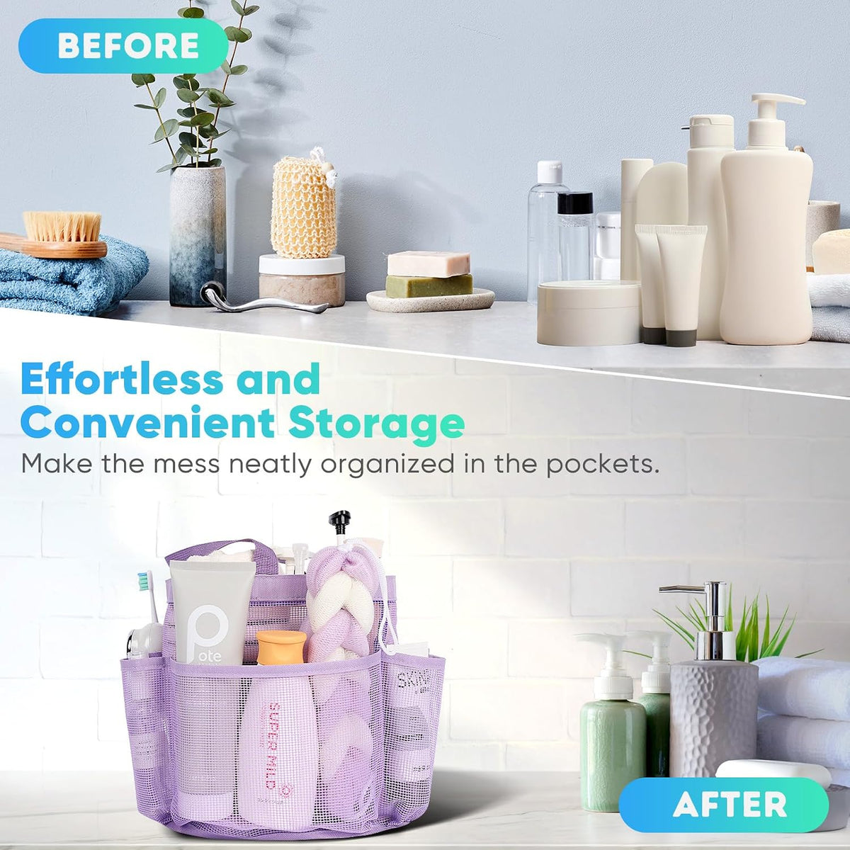 EUDELE 2 Pack Mesh Shower Caddy Portable for College Dorm Room Essentials, Shower Caddy Dorm with 9-Pocket Large Capacity,Shower Bag for Beach,Swimming,Gym All Black+All Pink