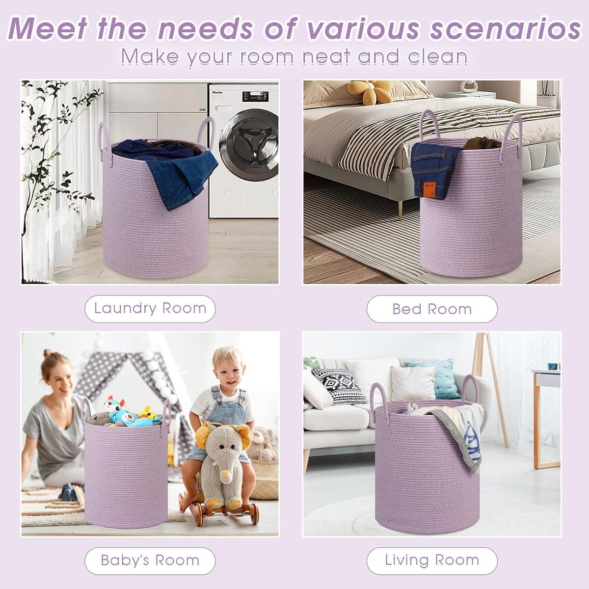 Girl Laundry Basket,Laundry Hamper,15''x18'' Cotton Rope Storage Basket for organizing,Tall Woven Blanket Basket for Living Room,Nursery Hamper,Baby Toy Laundry Bin (Light purple)