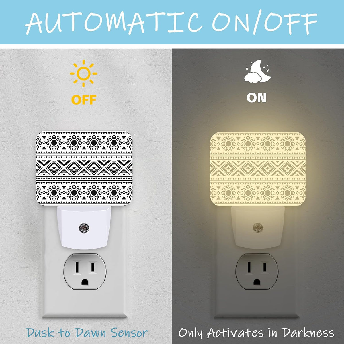 Night Light Traditional Ethnic Texture Plug-in Wall LED Night Lamp with Dusk-to-Dawn Smart Sensor Lamp for Adult Bedroom Living Room Hallway Kitchen
