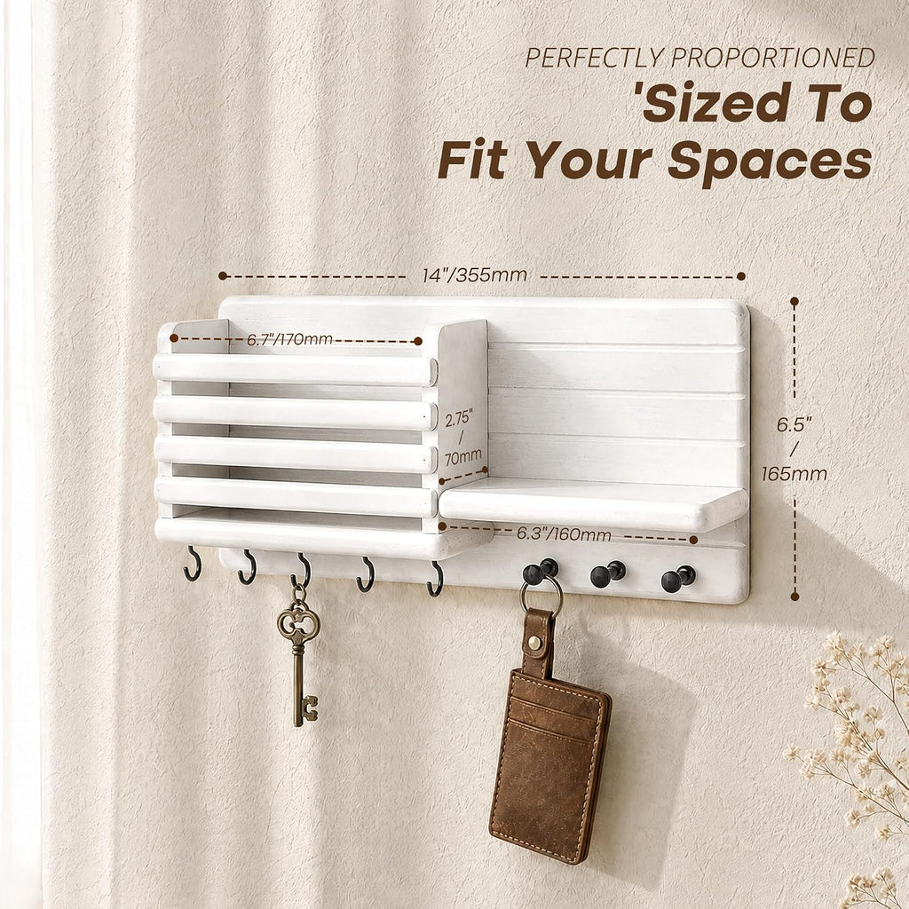 Rebee Vision Key Holder Wall Mount with Mail Slot for Hoom Decor, White
