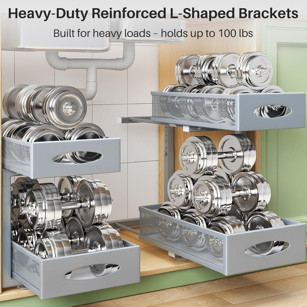 2 Pack Under Sink Organizer, 2 Tier Pull out Cabinet Organizer Mesh Baskets with 5 Adjustable Heights, Sliding Drawers Storage Shelf for Home, Kitchen, Bathroom, Pantry, Office, Countertop ,Grey