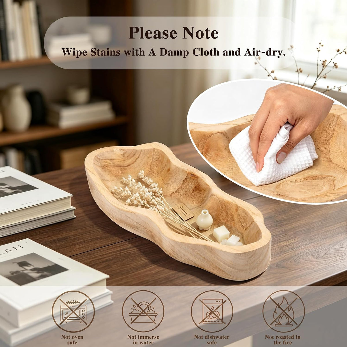 16 Inch Wavy‑Edge Wooden Dough Bowl, Large Decorative Bowl for Home Decor