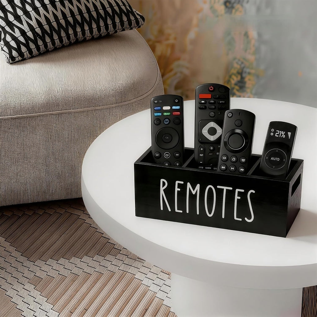 Wooden Remote Control Holder 3 Slots - Farmhouse TV Remote Caddy for Table, Nightstand, Living Room - Solid Wood Organizer Box, Black