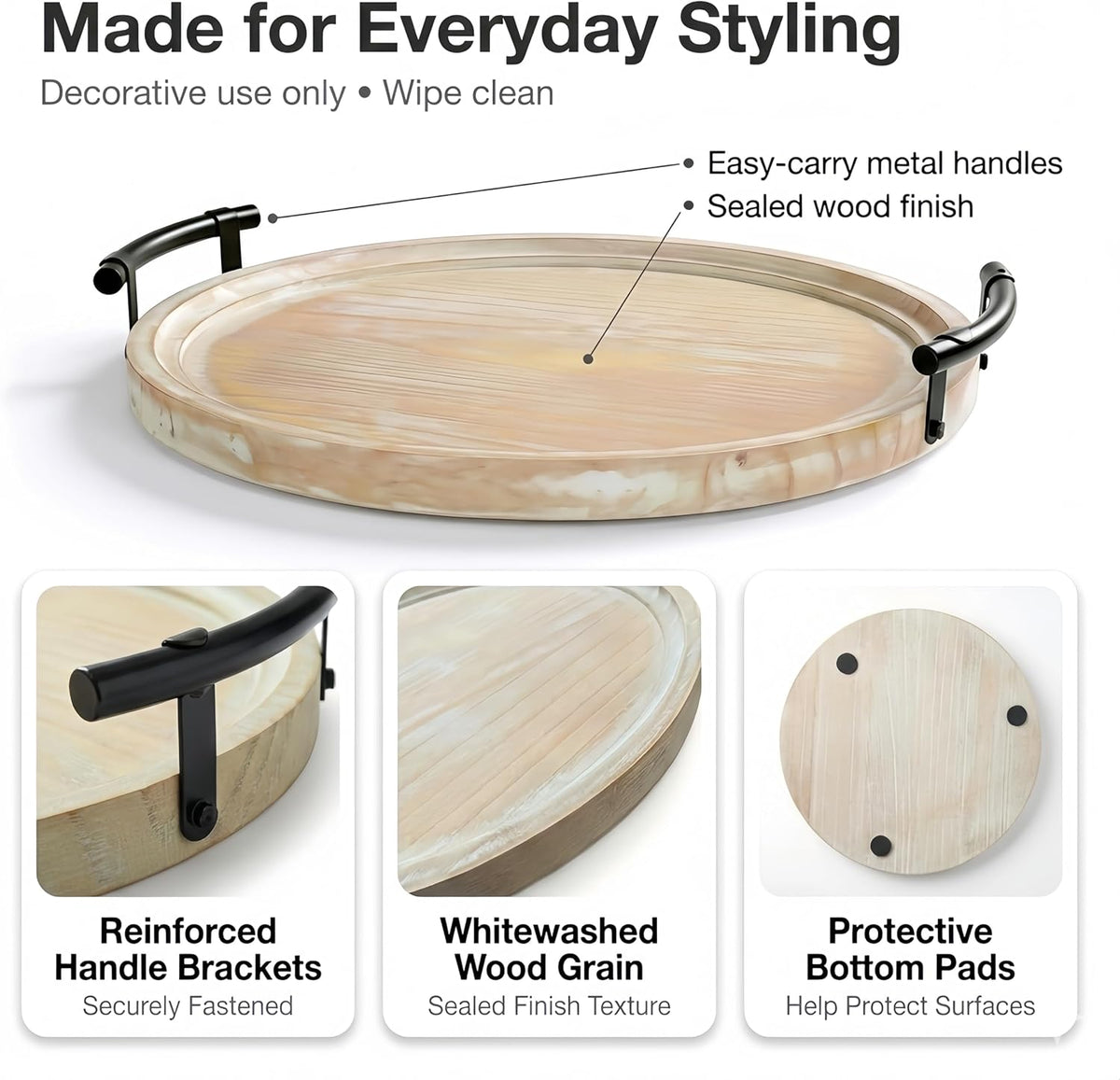 Relaxing Garden 13" Round Decorative Wood Tray with Handles