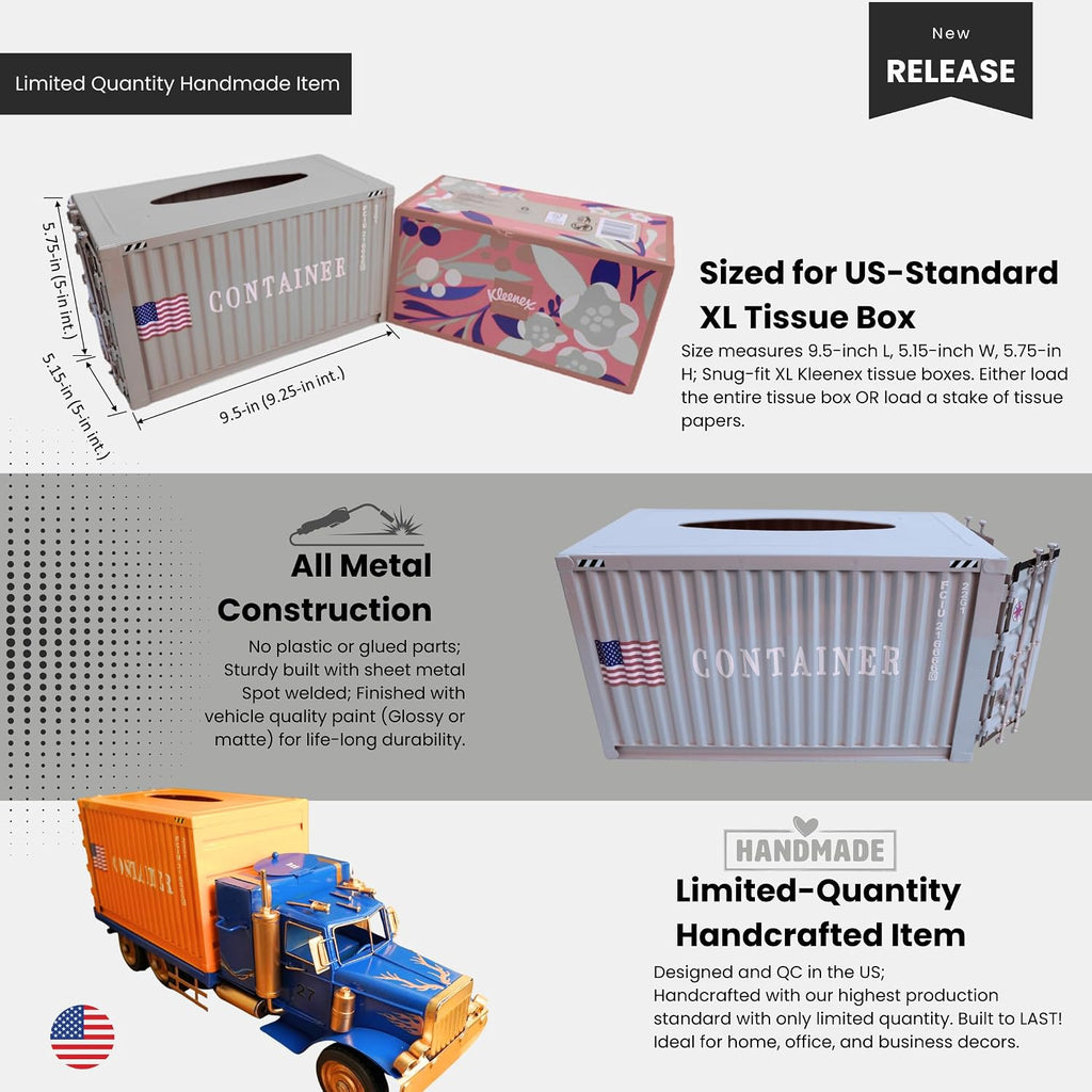 Shipping Container Tissue Box Cover – Sturdy All-Metal Construction, Fits XL US Tissue Boxes – Industrial Decor for Homes, Offices, Restaurants & Man Caves (Cement Grey)