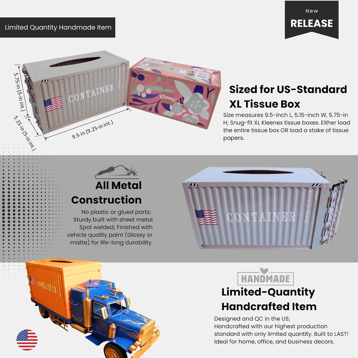 Shipping Container Tissue Box Cover – Sturdy All-Metal Construction, Fits XL US Tissue Boxes – Industrial Decor for Homes, Offices, Restaurants & Man Caves (Cement Grey)