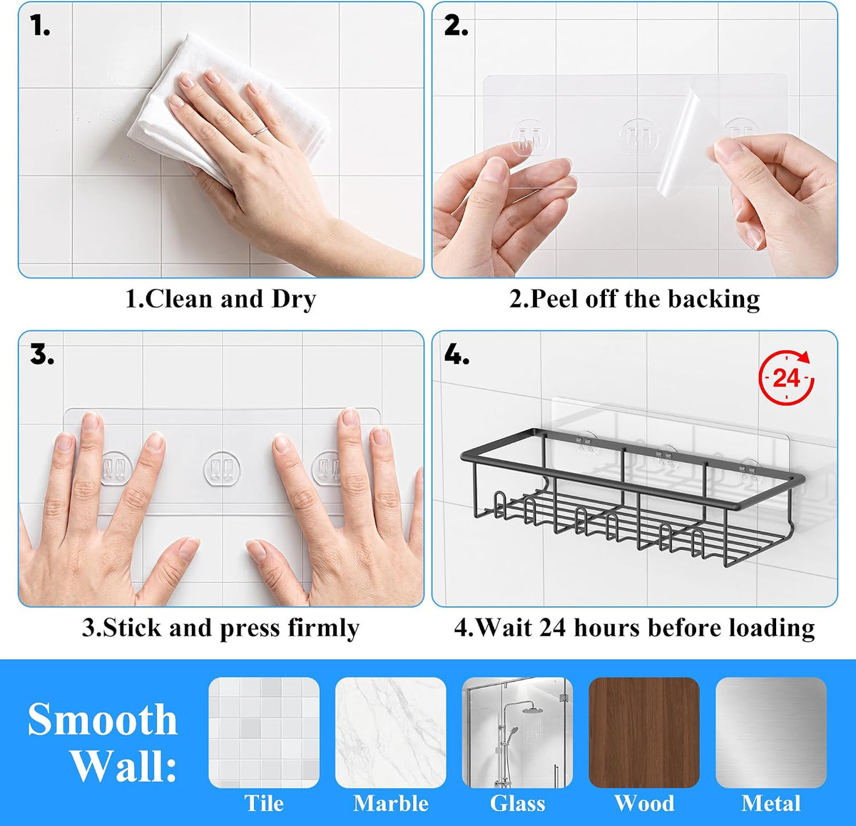 5 Pack Rustproof Shower Caddy, Adhesive Bathroom Shelf, Black