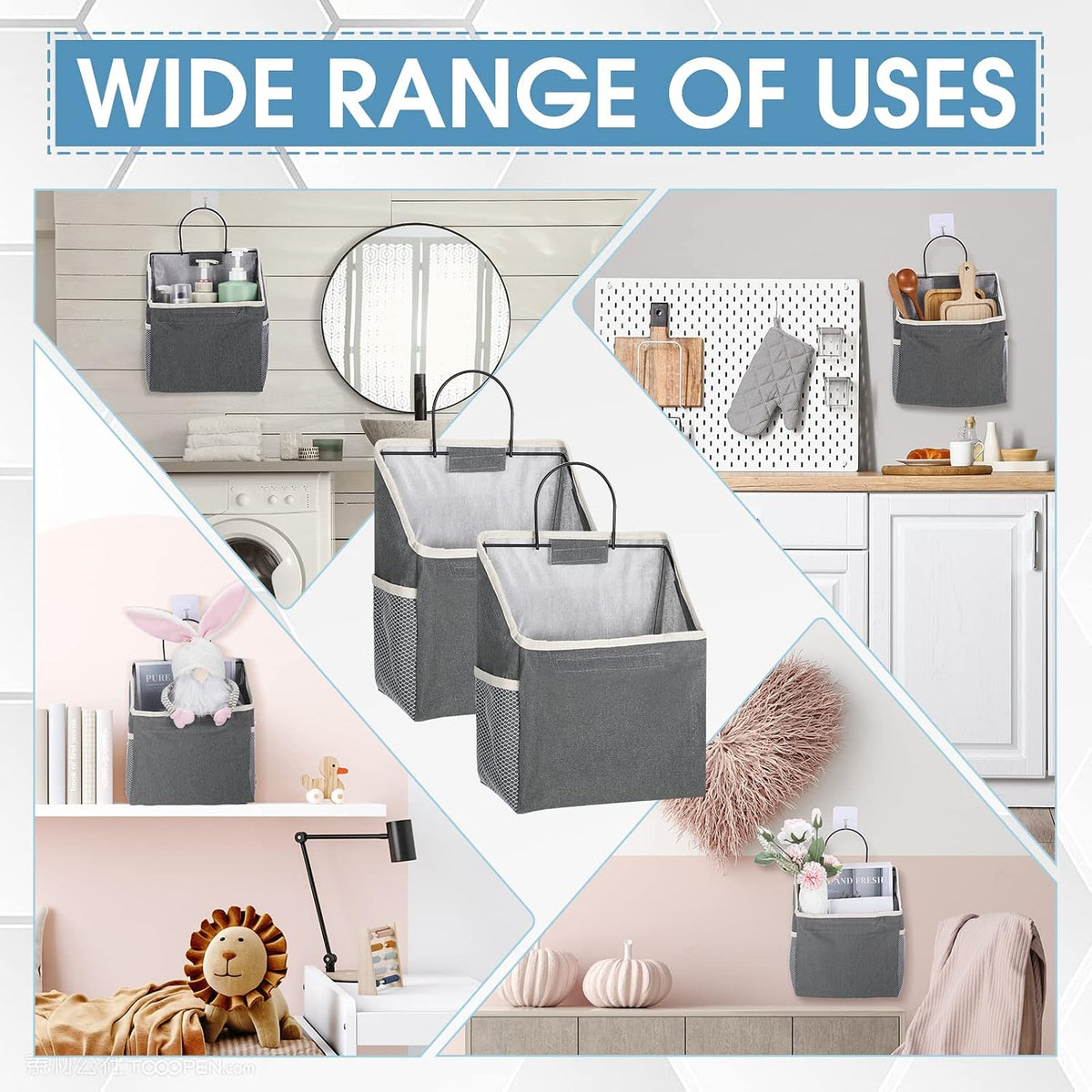 Woanger 12 Pcs Wall Hanging Storage Bag Wall Hanging Organizer Bag Over The Door Closet Basket Containers Bins with Hooks Pockets for Bedroom Bathroom, 15 x 4.3 x 8.7''(Gray)