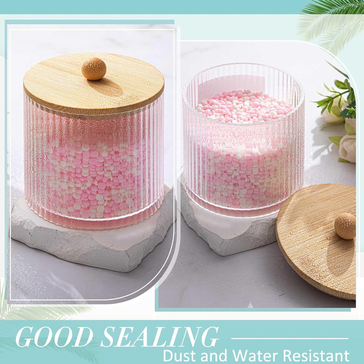6 Pcs Plastic Holder Dispenser Bathroom Jars Bamboo Lids 18 oz, Wood Color