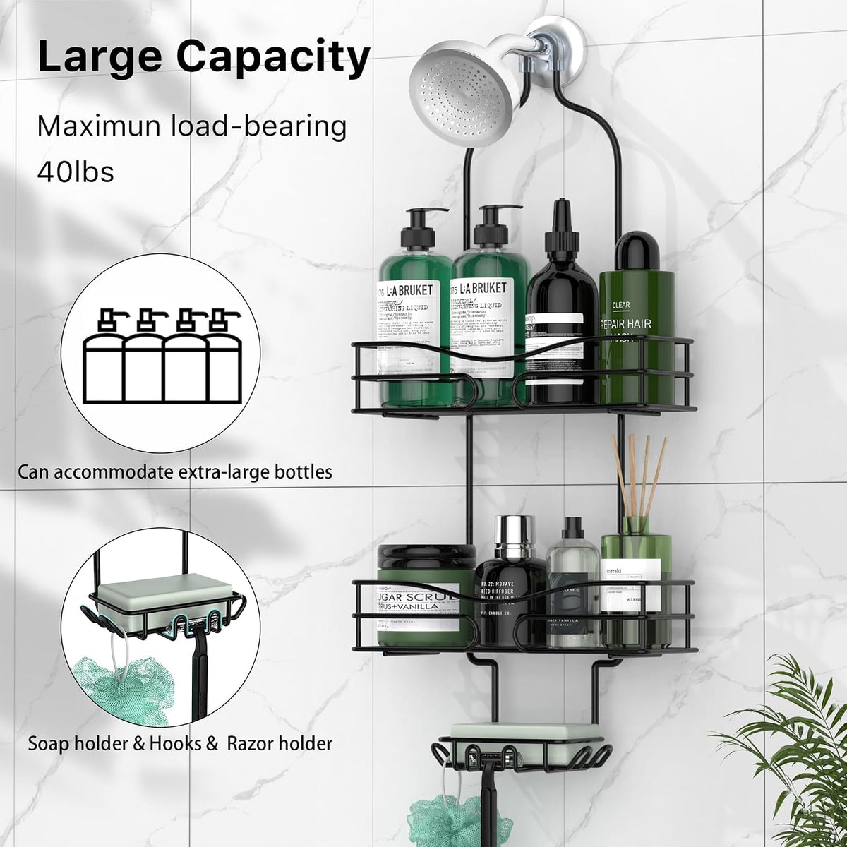 DAOYA Bathroom Shower Caddy Hanging - 3-Tier Organizer with Soap Holder & 6 Hooks for Towels, Sponge; Fits 21mm Shower Head Arm, Black