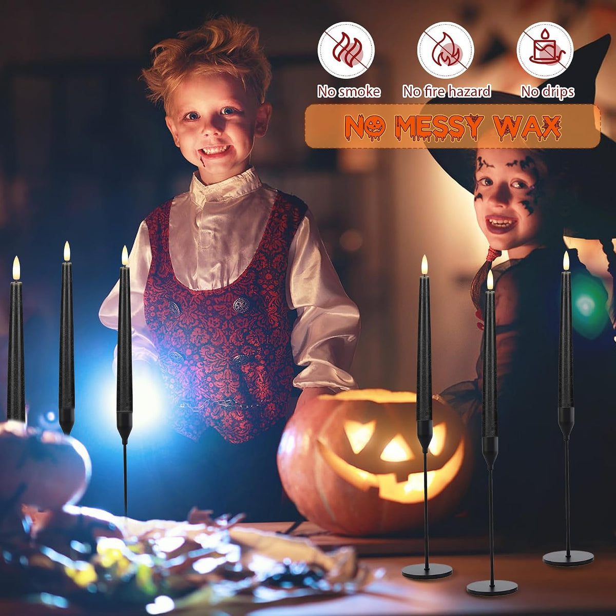 Black Flameless Candles with Remote, Halloween Taper Candles Decor, 3 Pack