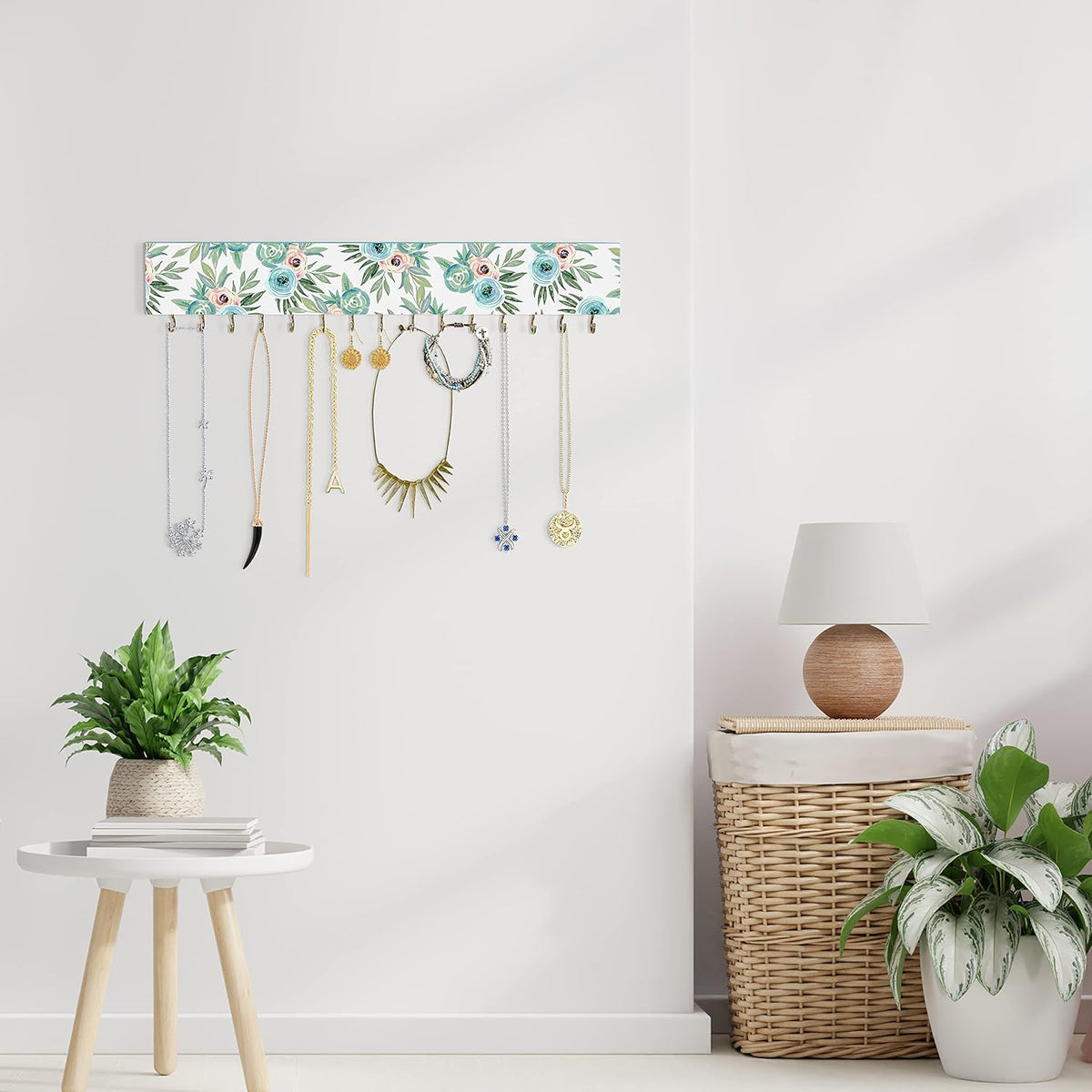 SANY DAYO HOME Wall Mounted Necklace Holder 16 x 3 inches Wood Hanging Jewelry Organizer with 15 Hooks for Necklaces, Girl Hair Bows, Bracelets - Elegant Rose