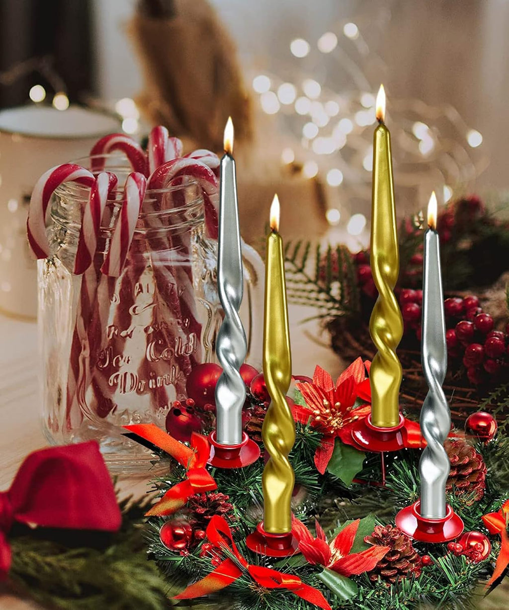 Spiral Taper Candles Twisted Candle Conical Stick Candles for Holiday Wedding Party Wax Unscented Dinner Candle Dripless,Christmas Gift H 10 Inch,4pcs（Gold-A）