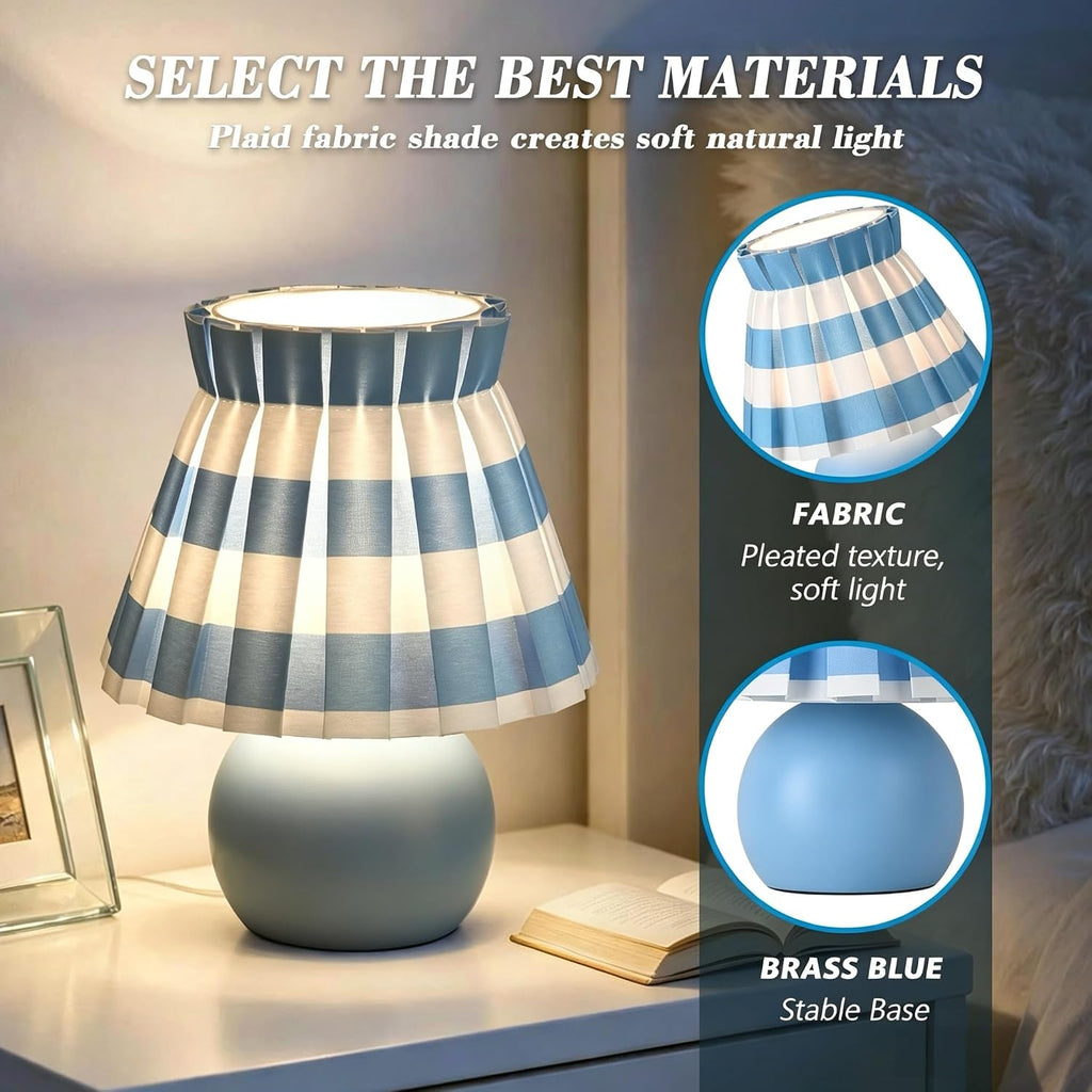 Ziqqeelam Blue White Plaid Small Bedside Table Lamp, Round Blue Base Nightstand Lamp, Cute Mini Table Lamp with Pleated Shade for Bedroom, Kitchen Counter, Bookshelf, Living Room, Kids Dorm