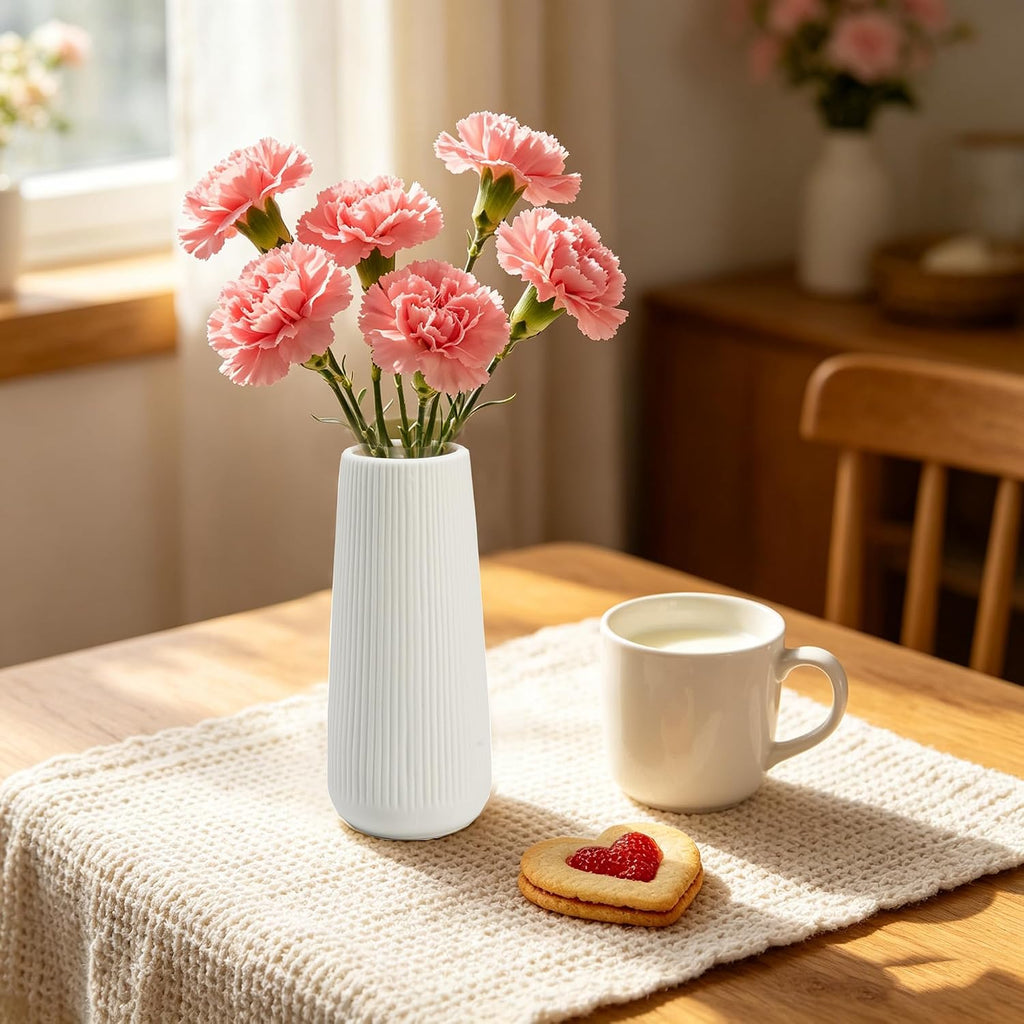 Ceramic Vase for Flower, Pampas Grass Vase, 7.8''H Ribbed, White, 2pcs