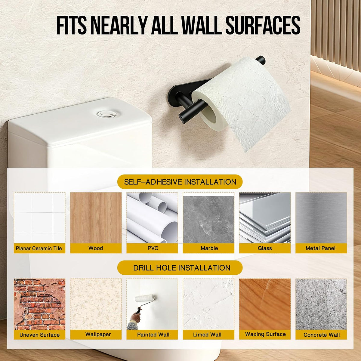 Self Adhesive or Screw in Black Toilet Paper Holder Wall Mount for Bathroom
