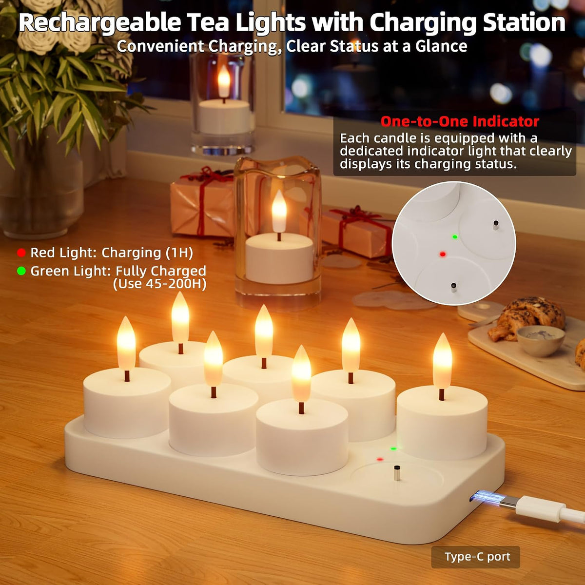 Rechargeable Flameless Tea Lights Candles with Charging Station Remote 8Pcs
