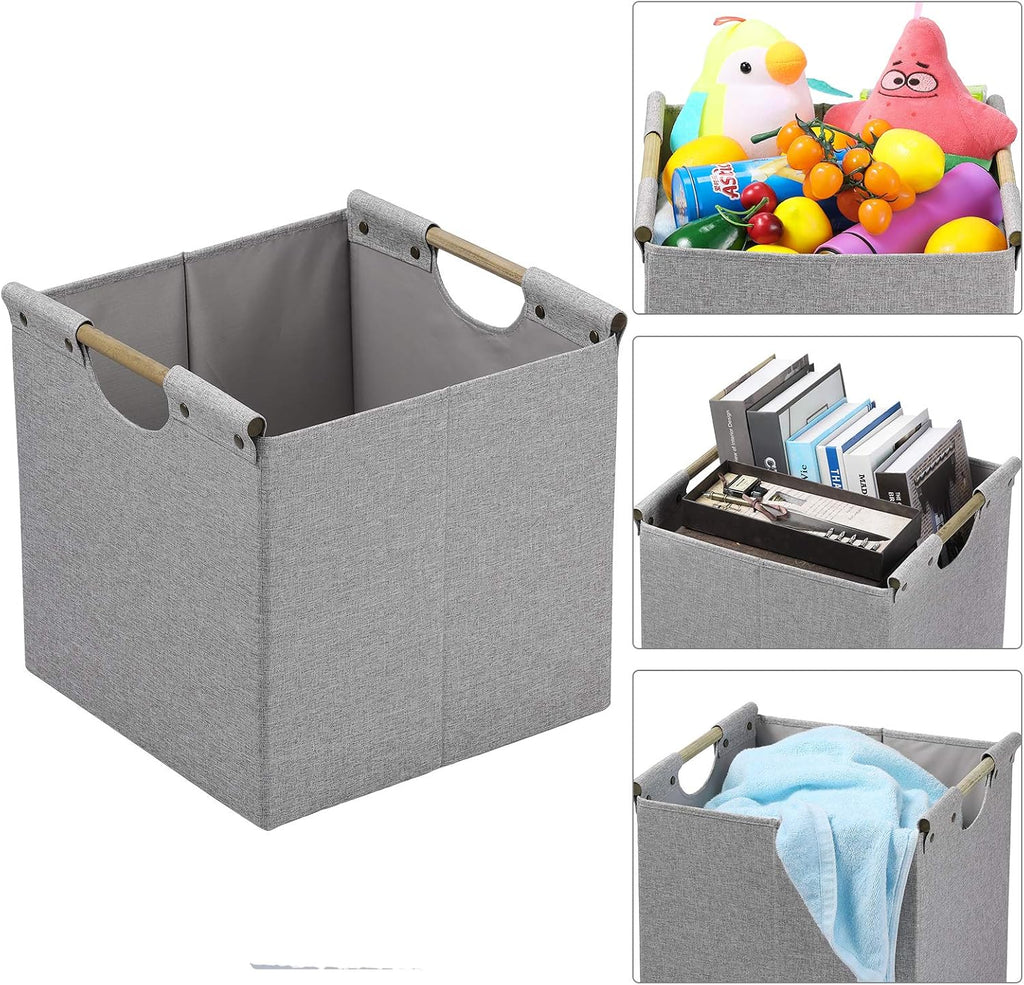 HOONEX Collapsible Storage Bins, 12x12x12in Storage Cubes Linen Fabric, 3 Pack, Storage Baskets with Wooden Carry Handles and Sturdy Heavy Cardboard, for Home, Office, Car, Nursery, Light Grey