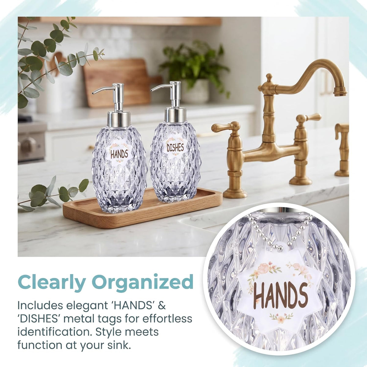 MALACHI Glass Soap Dispenser, 304 Rustproof Stainless Steel Pump, Refillable Multi‑use for Hand Soap, Dish Soap, Body Wash, Shampoo, Baby Wash for Bathroom Kitchen & Commercial